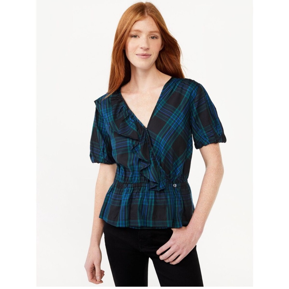 Free Assembly Women's Ruffle Wrap Top Size XXL Plaid Print